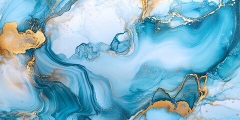 Abstract Ink Marbling Artwork Featuring Blues, Golds, and Whites