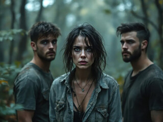 Fototapeta premium A frightened woman with strangers on the path in the forest