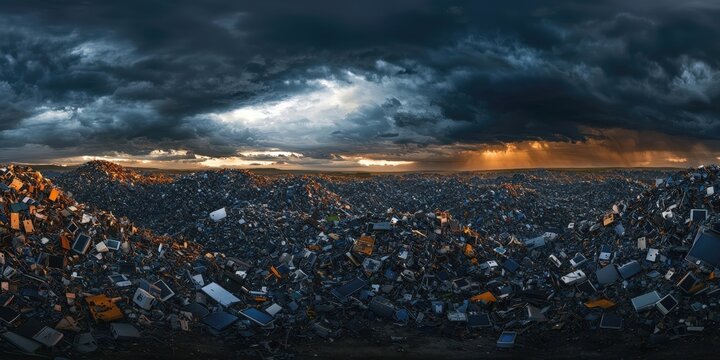 Dramatic sunset over piles of electronic waste highlighting environmental impact