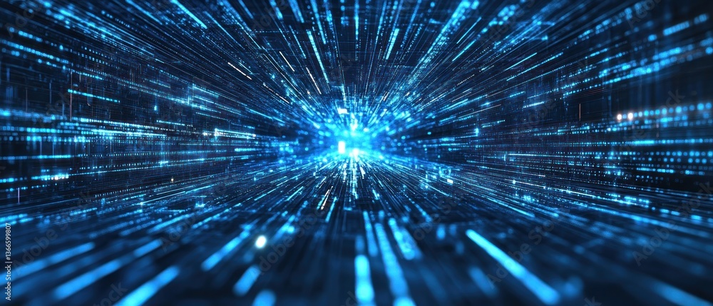 Poster abstract digital data stream with glowing particles in motion