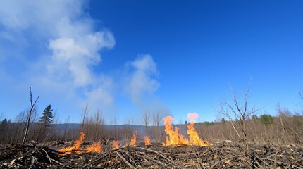 Controlled Forest Burn with Flames and Smoke Against Blue Sky &ndash; High-Resolution Stock Photo