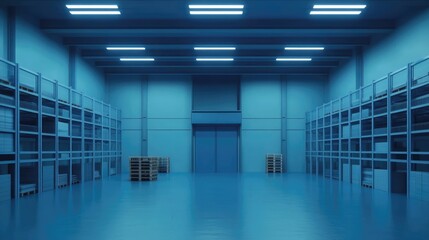 Fototapeta premium A spacious, well-lit warehouse interior featuring organized shelves and pallets, ideal for storage and logistics