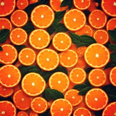 Orange Fruit Food Fresh Citrus Pattern refreshment. yellow A vibrant display of oranges and leaves, arranged for visual appeal. Various sizes of oranges, some closer and others in the background, inte