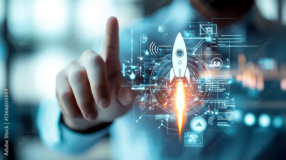 Poster digital launch: futuristic image of a hand interacting with a digital rocket launching into space, r