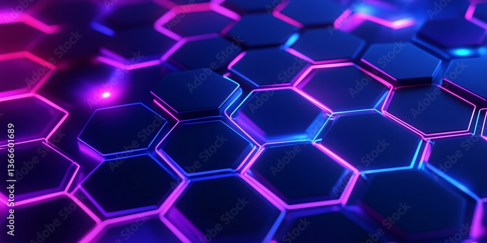 Poster bright neon hexagonal grid design on a stunningly deep blue background