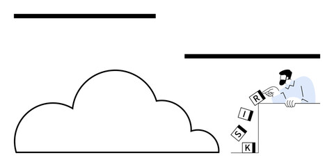 Man carefully stacking letter blocks spelling risk on top of a cloud. Ideal for concepts thumbs up strategy, uncertainty, planning, decision-making, innovation, cloud computing, risk assessment. Flat