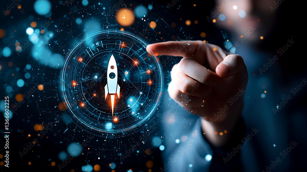 Poster innovation launch: a person's hand interacts with a glowing digital interface featuring a rocket, sy