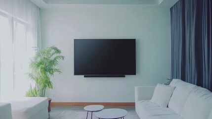 Modern living room with a minimalist design featuring a large black TV, white sofa, and green plant by the window