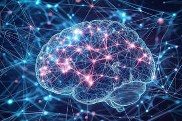 Futuristic digital illustration of a brain with neural networks and glowing nodes