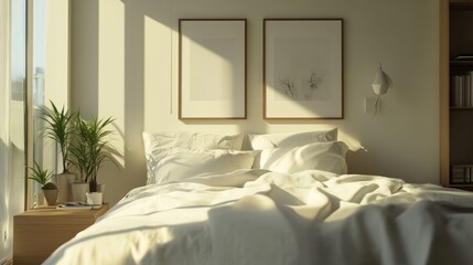 Serene bedroom with sunlight streaming through windows, showcasing a cozy bed and plants in a tranquil setting