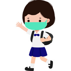 Cute Cartoon Thai student wearing face mask to protect against pm 2.5 dust Illustration flat style png