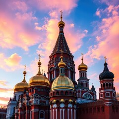 Fototapeta premium Golden domes and intricate details of Moscow Kremlin cathedrals against a vibrant sky, Moscow, easter