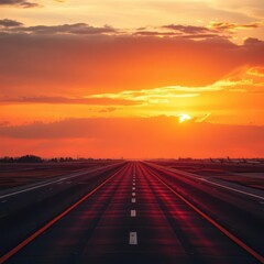 Obraz premium Long runway bathed in warm sunset hues, shadows lengthening, image, texture, arrival