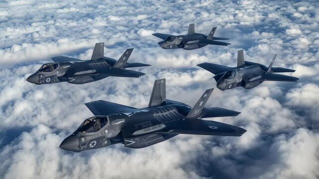 Military jets perform aerial maneuvers over expansive cloud formations in daytime sky