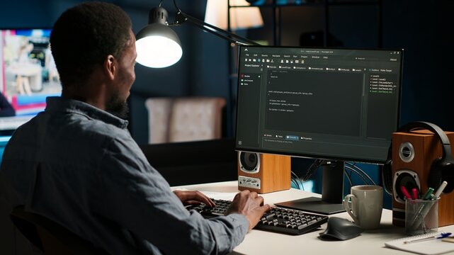 Black man programmer manages code and scripts in artificial intelligence and machine learning on dual monitors computer setup. Male freelancer uses pc to guarantee cyber security. Camera B.
