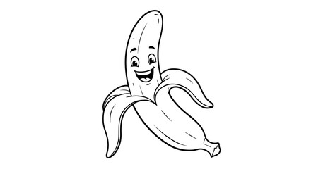 Obraz premium Happy cartoon banana character in black and white line art 