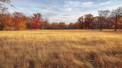Fototapeta premium Golden autumn field with vibrant red and orange trees under partly cloudy sky