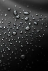 Round water droplets beading on smooth, black waterproof fabric, waterproof, shiny, photography