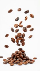 Naklejka premium Roasted coffee beans levitating against a pure white backdrop, food, commercial