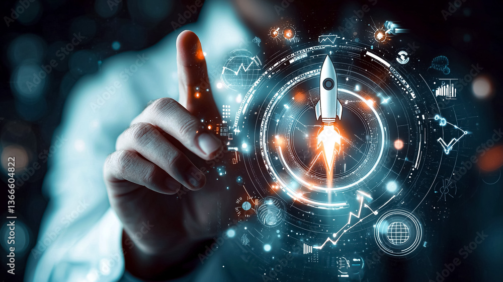 Poster digital launchpad: a hand interacts with a futuristic digital interface, launching a rocket, symboli