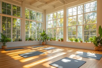 Fototapeta premium Modern sunny interior with large windows and wooden floor
