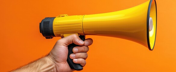 Hand holding yellow megaphone on vibrant orange background for communication and announcement themes