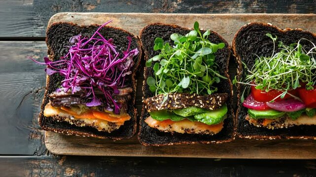 Vibrant open-faced sandwiches on dark bread with colorful fresh microgreens