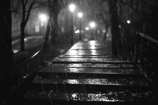 Fototapeta Black and white photo of rainy street with reflections and trees