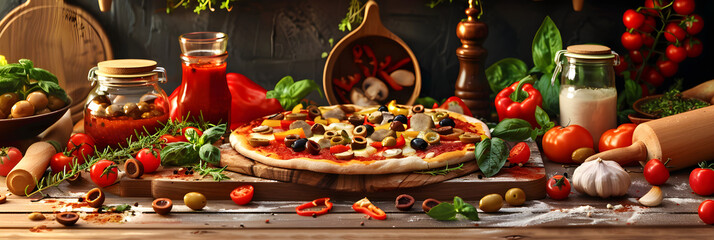 Fototapeta premium Rustic Home Kitchen Scene: Freshly Prepared Homemade Pizza Artfully Garnished