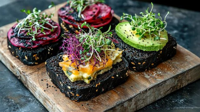 Gourmet open-faced sandwiches with sprouts on charcoal bread
