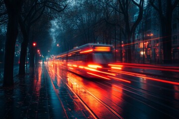 Fototapeta premium City street at night with motion blur of passing red car lights on wet pavement