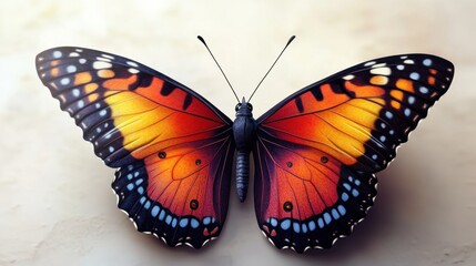 Obraz premium Vibrant orange and black butterfly with detailed patterns on light background