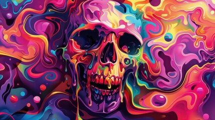 Surreal Melting Skull: A skull deforms and drips like melting wax, set against a surreal, colorful background, evoking a dreamlike distortion of reality and perception.
