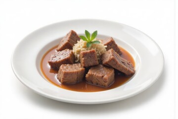 Delicious Seitan Cubes in Gravy with Rice, Vegan Meat Alternative, Healthy Plant-Based Meal on White Plate