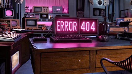 Retro computer displays error 404 message with vibrant pink lights in a tech-themed workspace