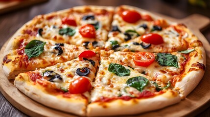 Delicious homemade pizza topped with fresh ingredients served on a wooden board in a cozy kitchen setting