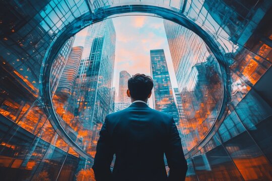 Rear view of man in futuristic city surrounded by tall digital buildings