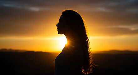 Woman Silhouette Watching Dramatic Sunset Horizon with Warm Colors