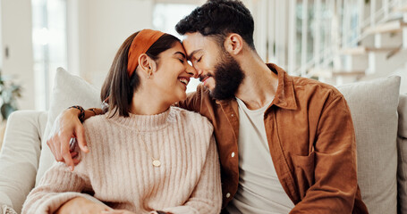 Couple, relax and laugh with love at house for affection, funny joke and partner support in living...