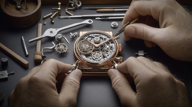 Luxury watch assembly by skilled watchmaker with precision tools and components