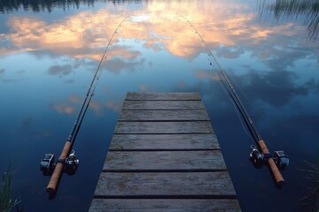 Wooden pier extending into calm lake water under soft clouds and reflections