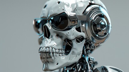 Skull with VR Headset: In this futuristic 3D artwork, a skull with a sleek VR headset symbolizes the intersection of life, death, and technology in a bold, modern visual.
