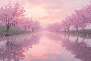 Springtime scene with pink blossoming trees reflecting in calm water under blue sky