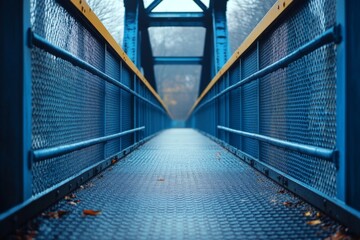 Symmetrical view of a modern blue steel pedestrian bridge