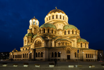 Evening view of the memorial church of St. Alexander Nevsky in the capital of Bulgaria, the city of...