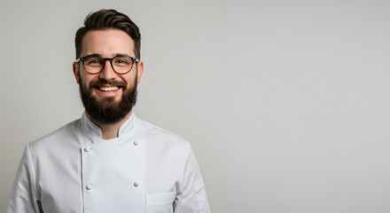 Fototapeta premium Happy Bearded Chef Wearing White Coat on Neutral Background