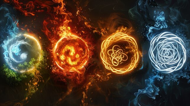 Elemental Shield: A shield with quadrants representing fire, water, earth, and air, each interconnected by shifting glowing lines, capturing the raw power of nature&rsquo;s elements.
