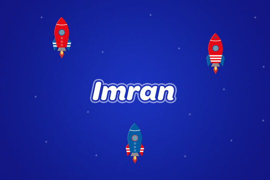 Imran male boy name illustration in blue with rockets.