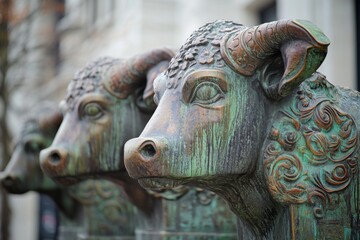 Ancient bull statues made of stone with decorative carvings in a historical site