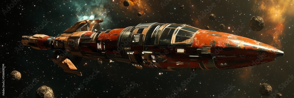 Poster Rusty spaceship flies through asteroid-filled space.